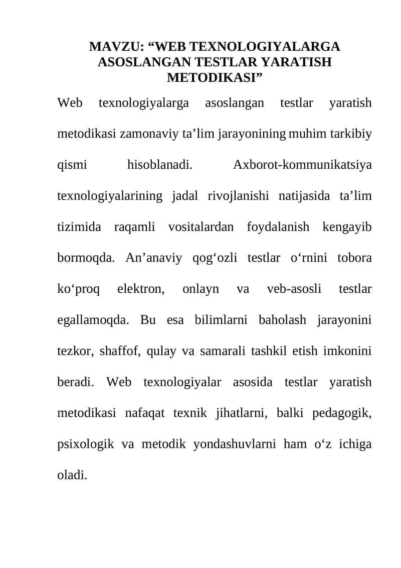 WEB TEXNOLOGIYALARGA ASOSLANGAN TESTLAR YARATISH METODIKASI