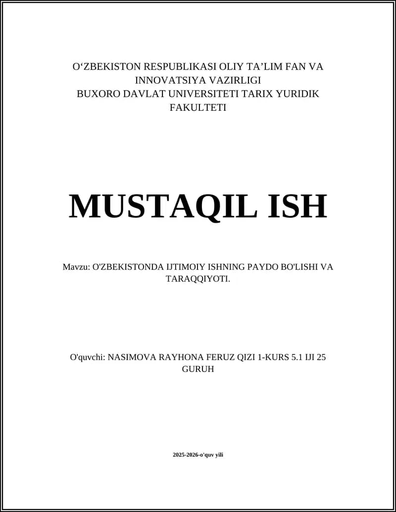 O'ZBEKISTONDA IJTIMOIY ISHNING PAYDO BO'LISHI VA TARAQQIYOTI