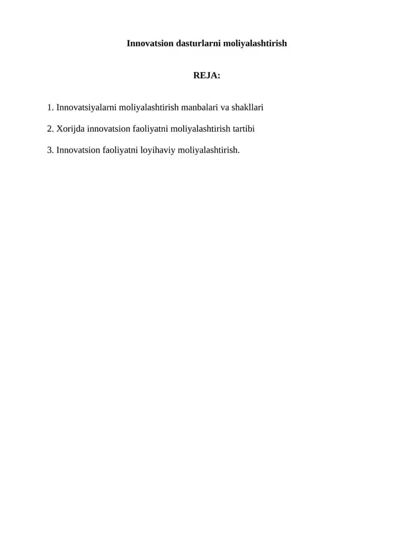Innovatsion dasturlarni moliyalashtirish
