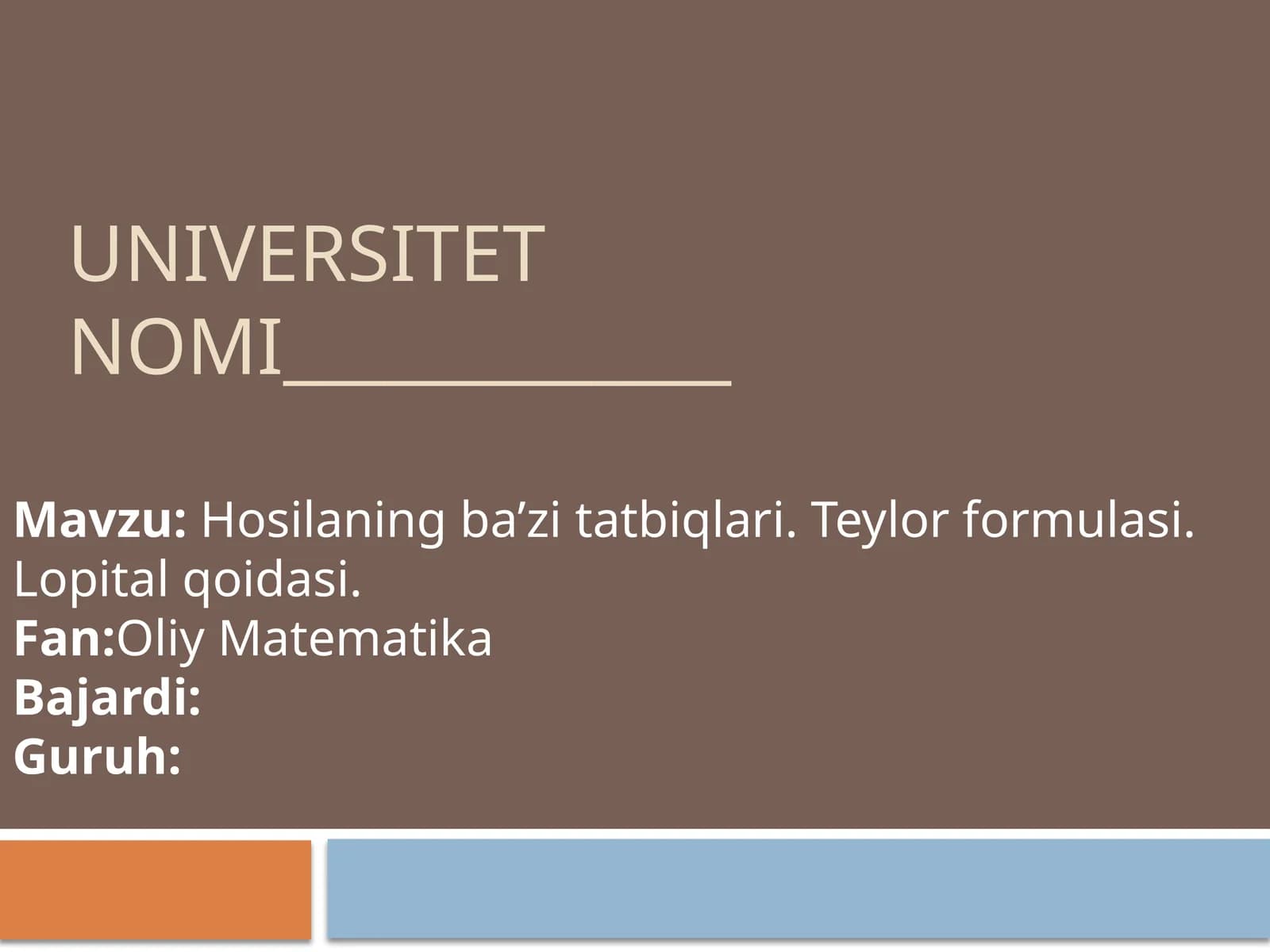 Hosilaning ba’zi tatbiqlari. Teylor formulasi. Lopital qoidasi