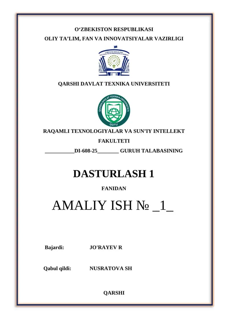 Chiziqli tuzilmali algoritmlarni tavsiflash, C++ tilida dasturlashtirish va kompyuterda hisoblashlar o‘tkazish