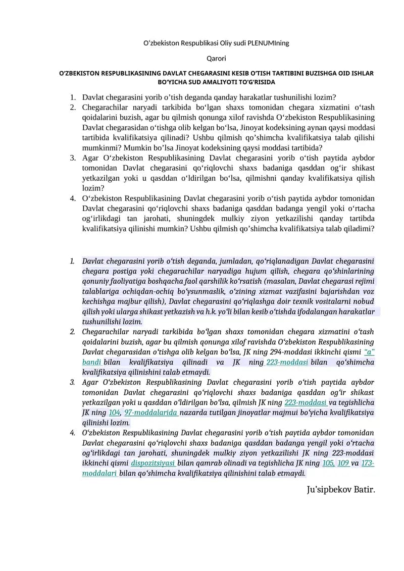 Oʻzbekiston Respublikasi Oliy sudi PLENUMIning Qarori