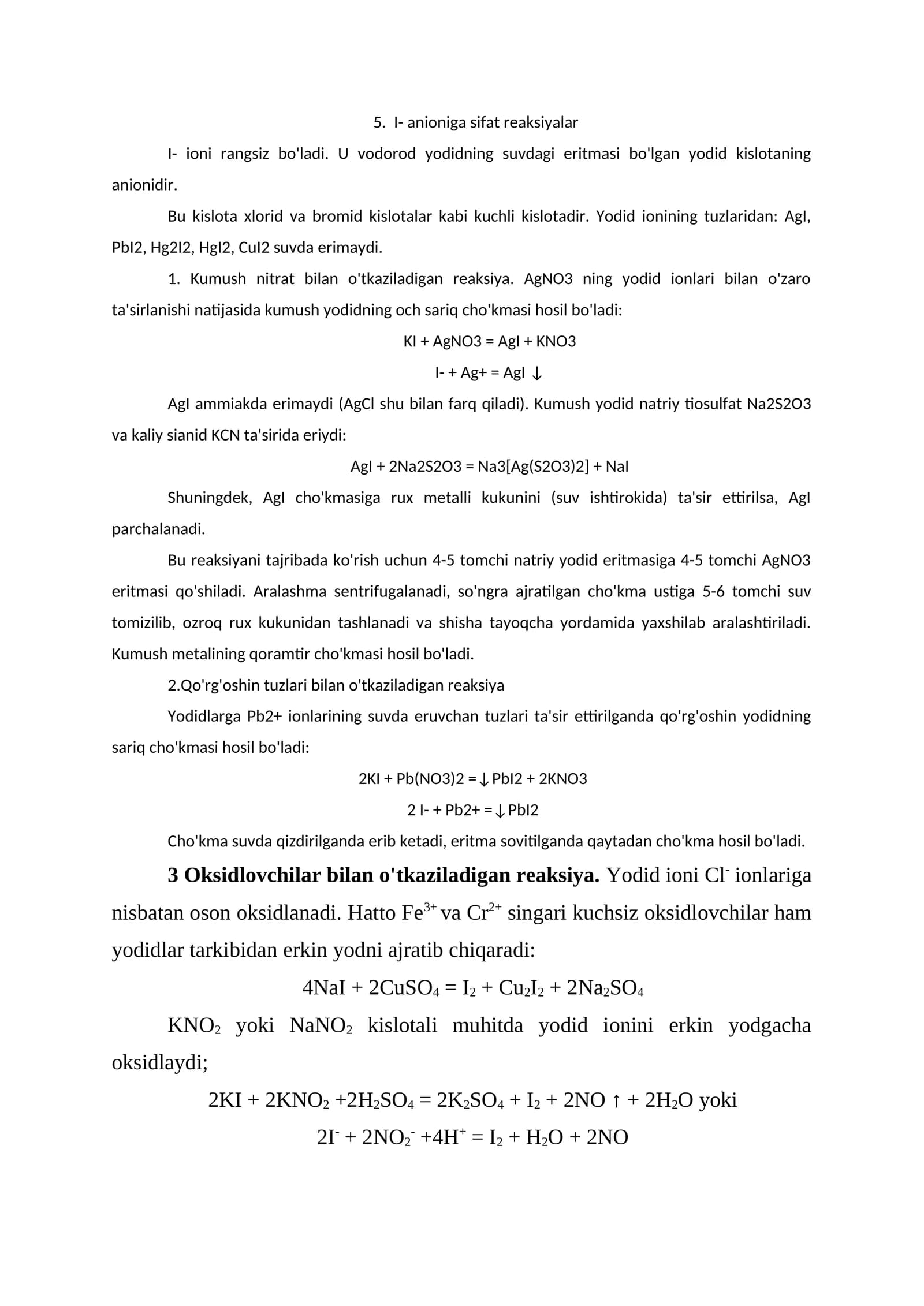 I- anioniga sifat reaksiyalar