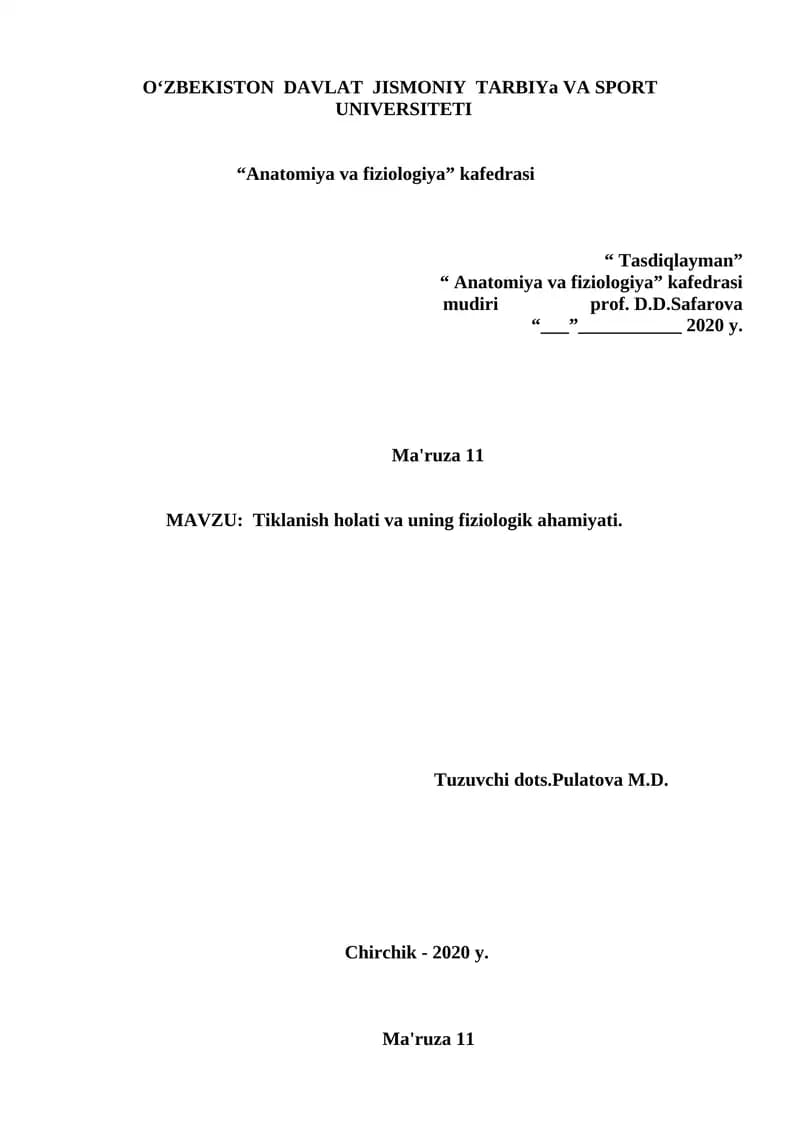Tiklanish holati va uning fiziologik ahamiyati