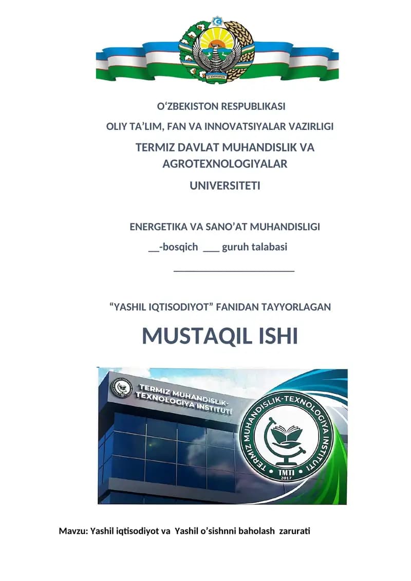 Yashil iqtisodiyot va  Yashil o’sishnni baholash  zarurati
