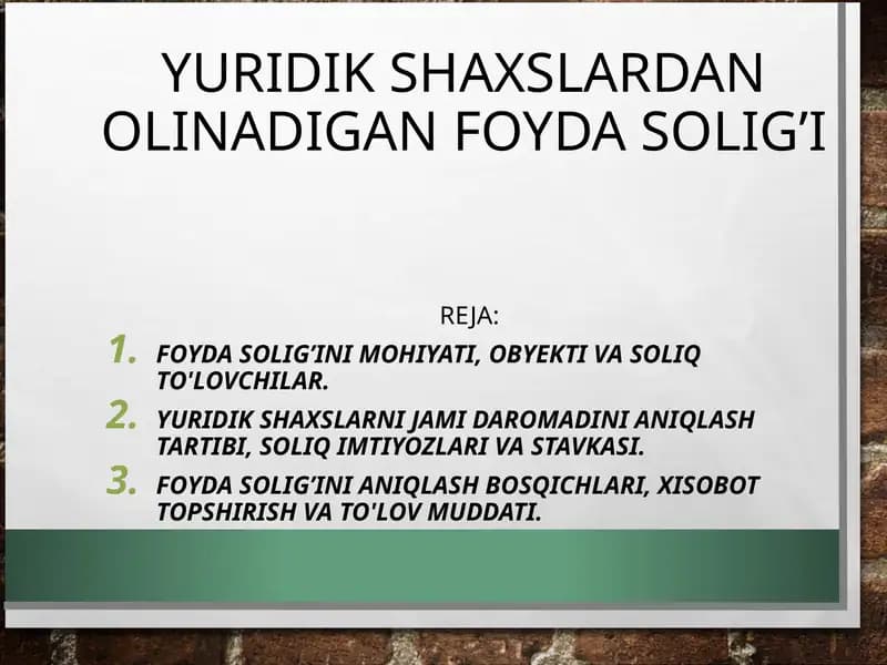 Foyda solig’ini mohiyati, obyekti va soliq to'lovlar
