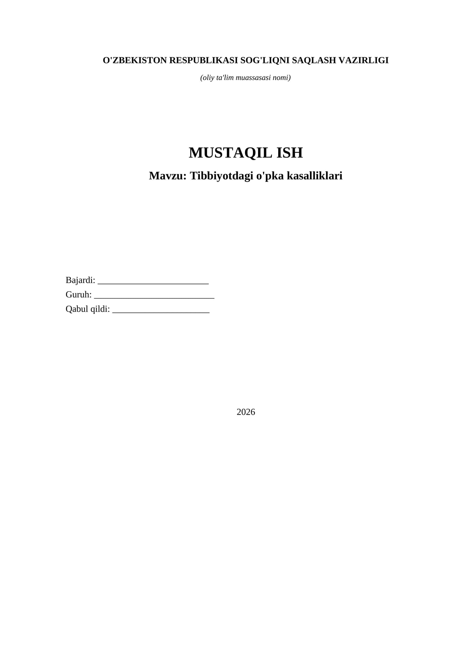 o'pka kasalliklari bo'yicha mustaqil ish