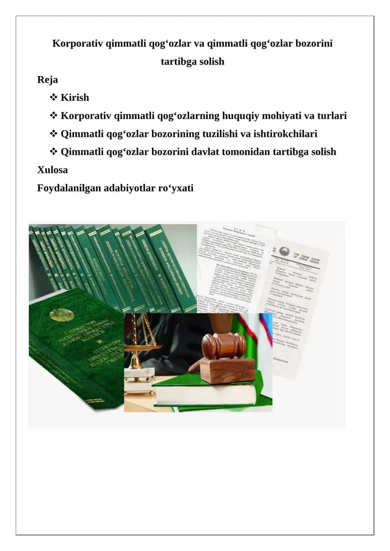 Korporativ qimmatli qog‘ozlar va qimmatli qog‘ozlar bozorini tartibga solish