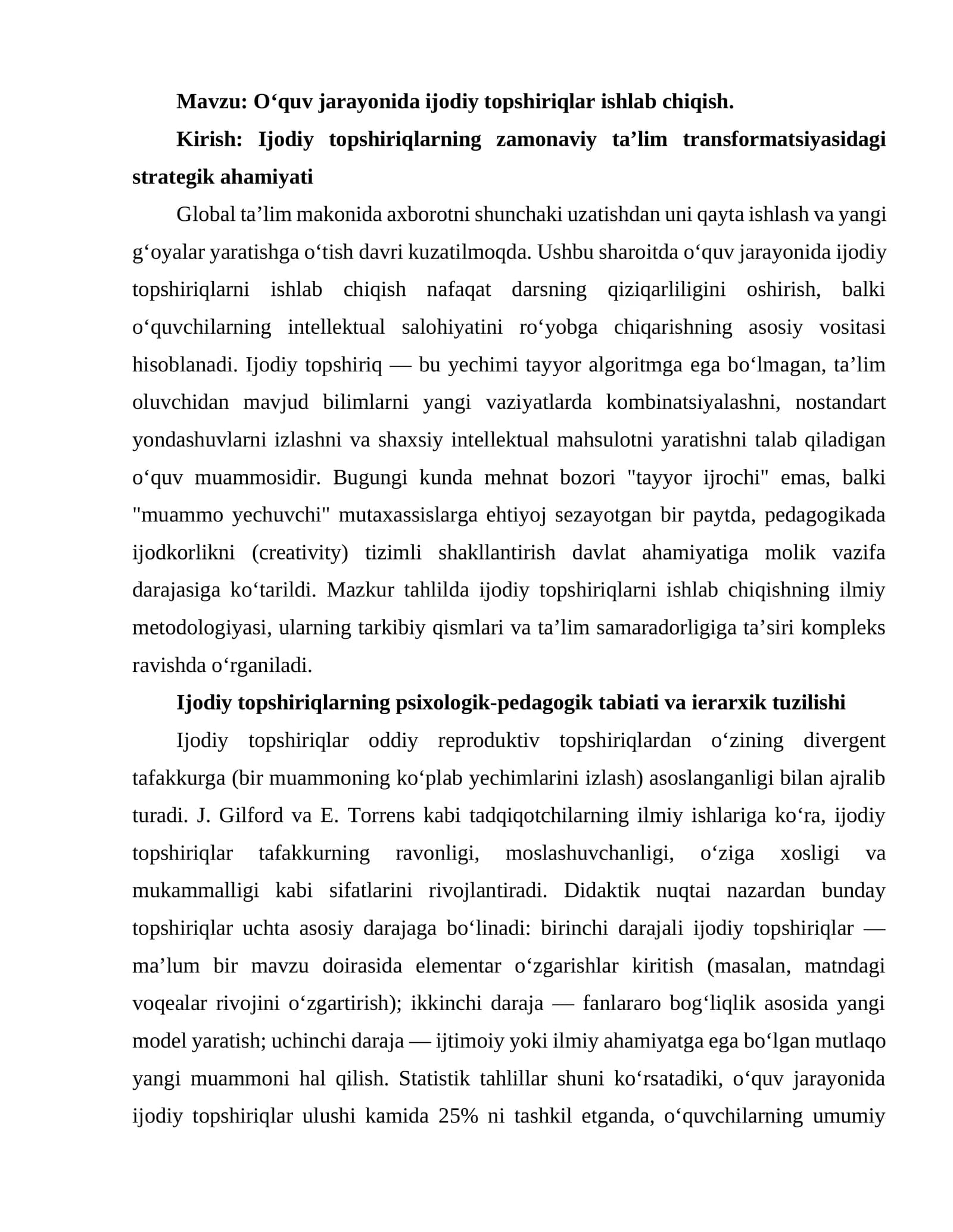 O‘quv jarayonida ijodiy topshiriqlar ishlab chiqish