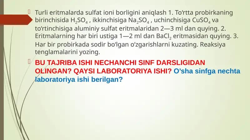 Turli eritmalarda sulfat ioni borligini aniqlash