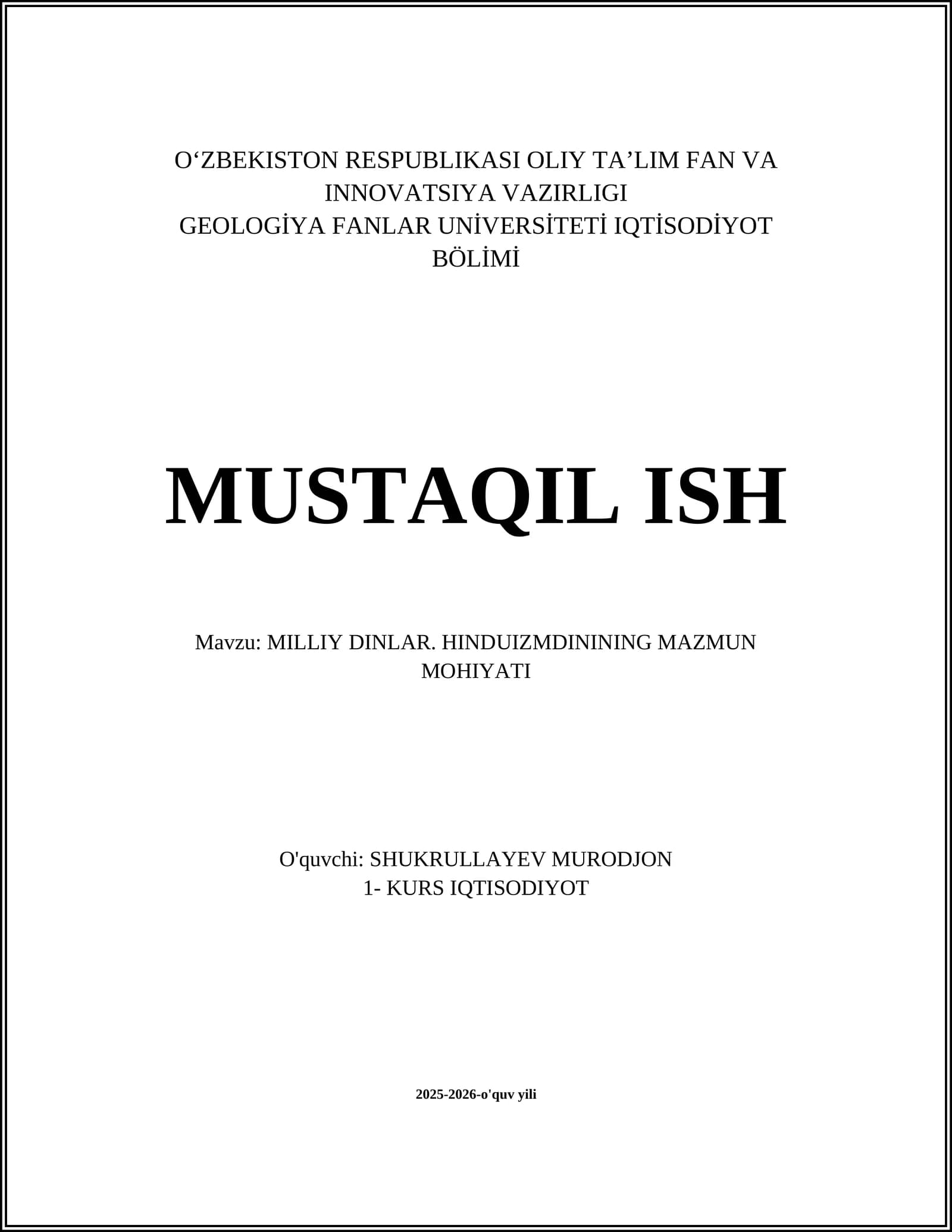 MILLIY DINLAR. HINDUIZMDINING MAZMUN MOHIYATI