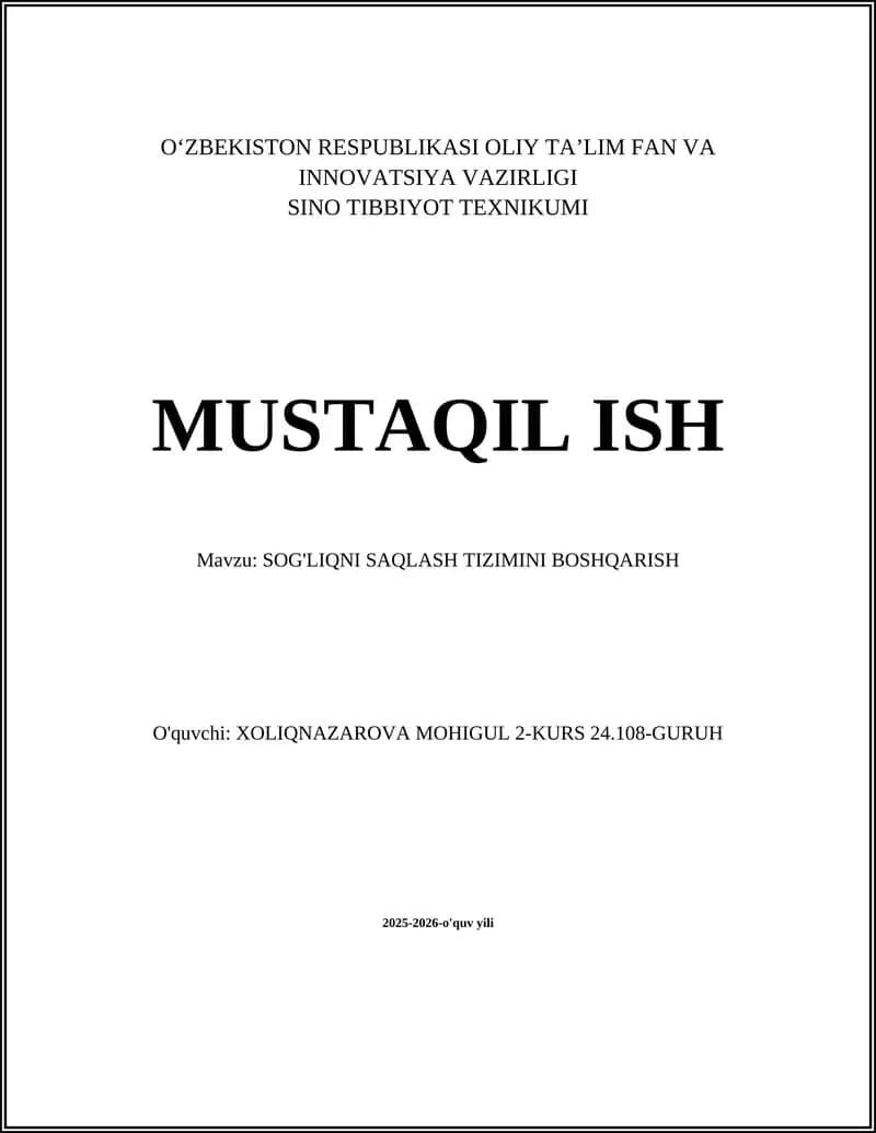 SOG'LIQNI SAQLASH TIZIMINI BOSHQARISH