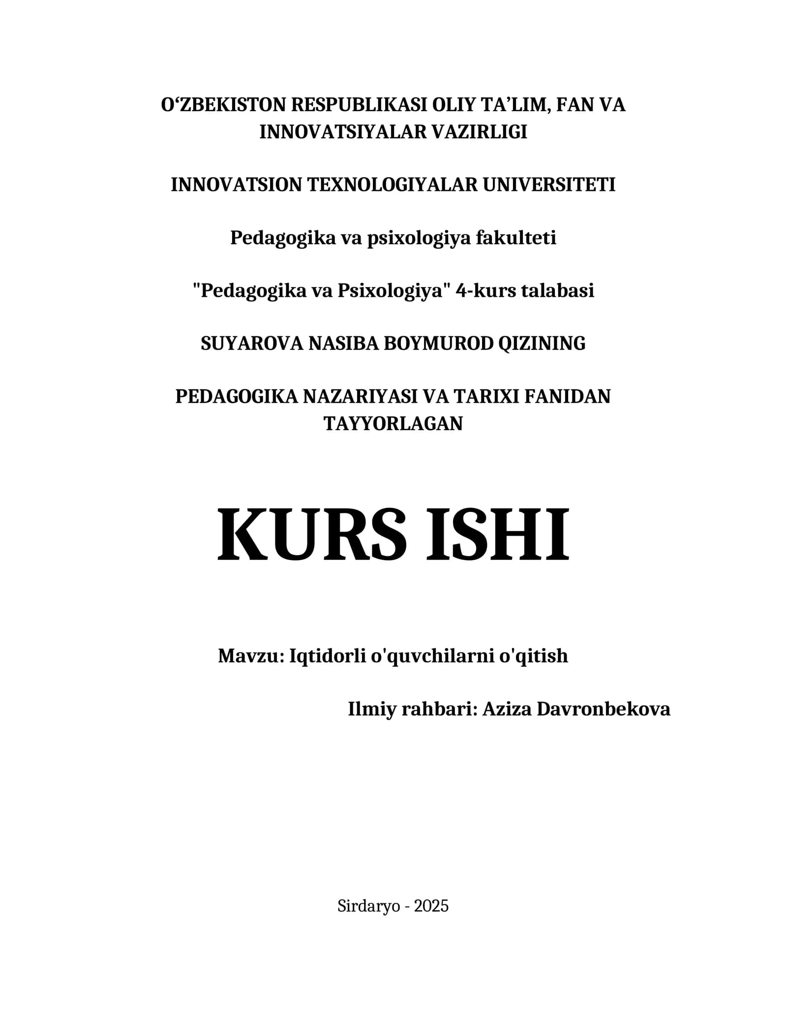PEDAGOGIKA NAZARIYASI VA TARIXI FANIDAN TAYYORLAGAN KURS ISHI