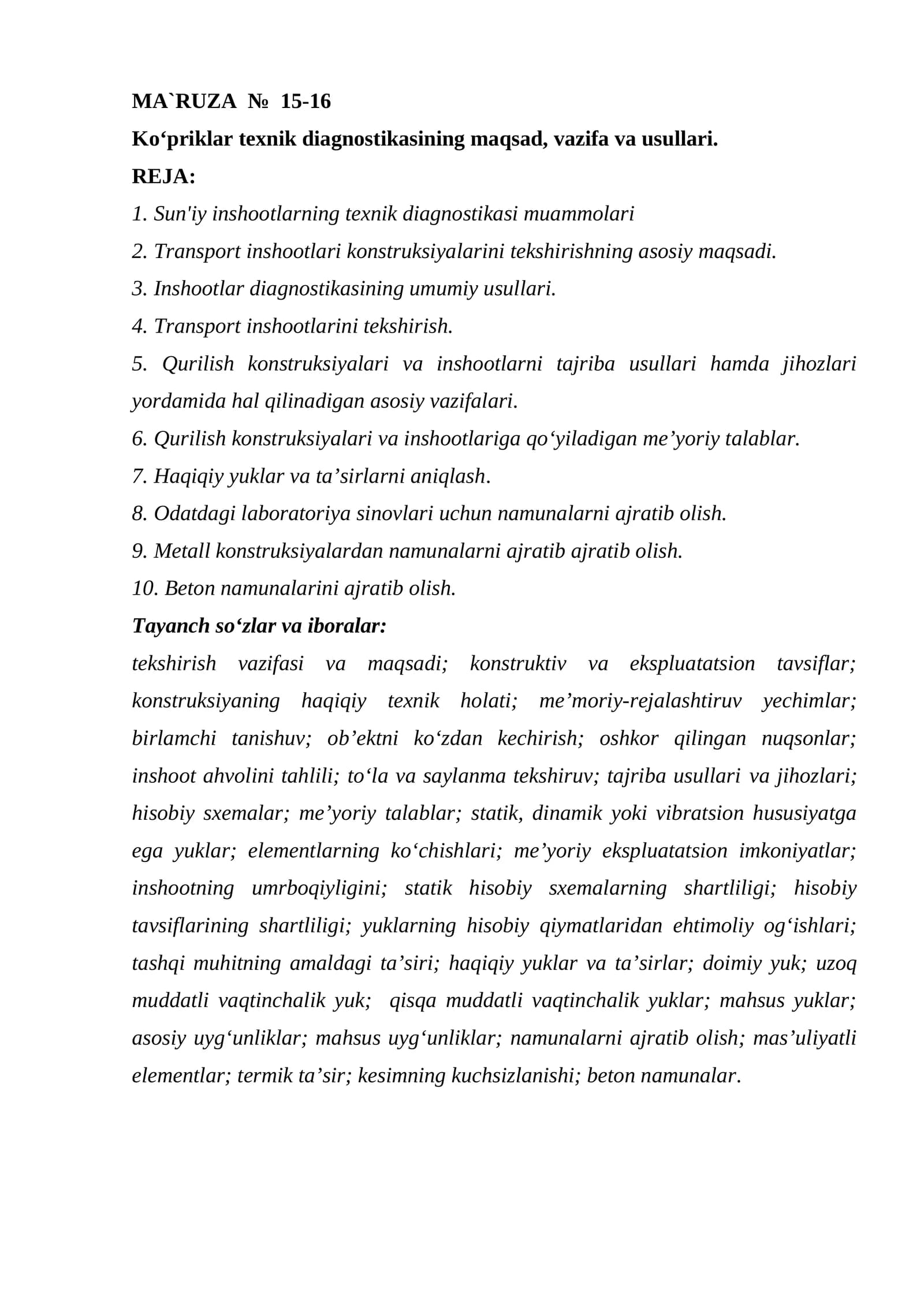 Ko‘priklar texnik diagnostikasining maqsad, vazifa va usullari
