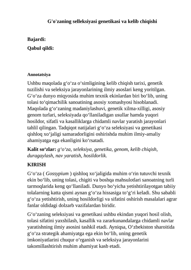 G‘o‘zaning selleksiyasi genetikasi va kelib chiqishi
