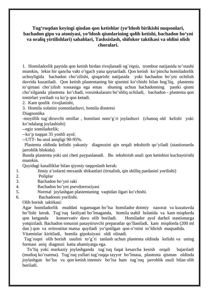 Qon ketishi sabablari va oldini olish