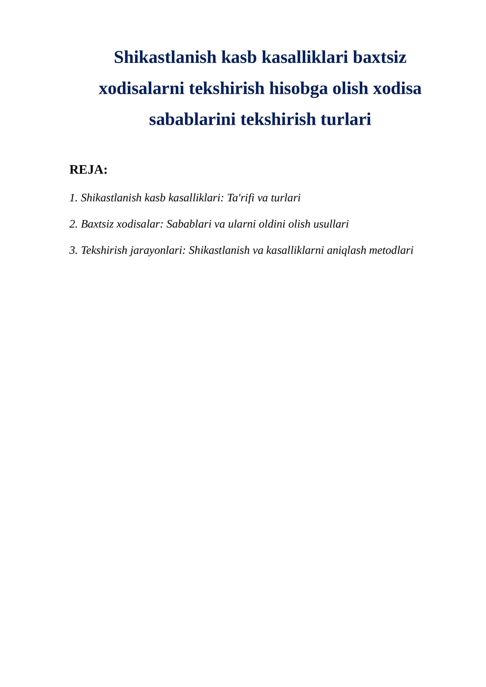 Shikastlanish kasb kasalliklari baxtsiz xodisalarni tekshirish hisobga olish xodisa sabablarini tekshirish turlari