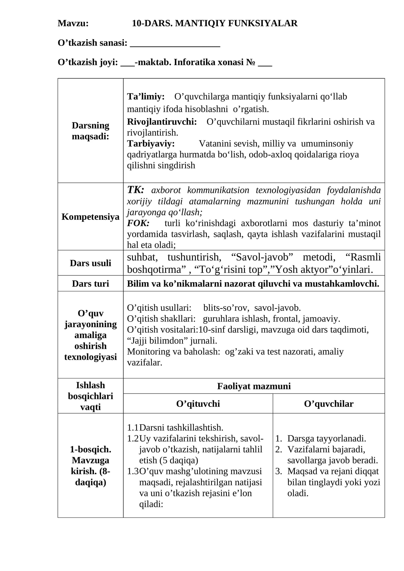 10-DARS. MANTIQIY FUNKSIYALAR