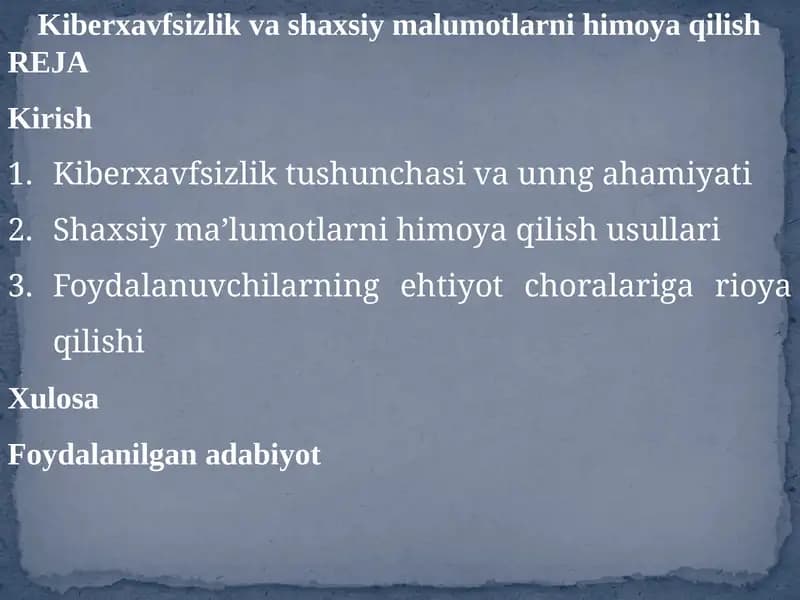 Kiberxavfsizlik va shaxsiy ma'lumotlarni himoyalash