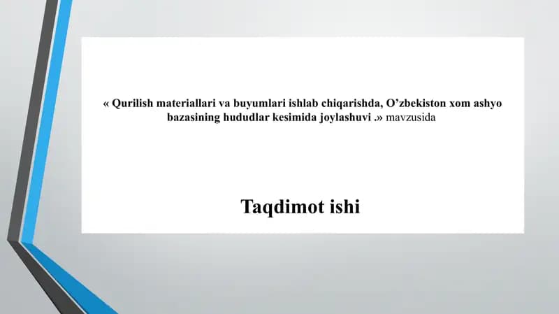 Qurilish materiallari va buyumlari ishlab chiqarishda, O'zbekiston xom ashyo bazasining hududlar kesimida joylashuvi