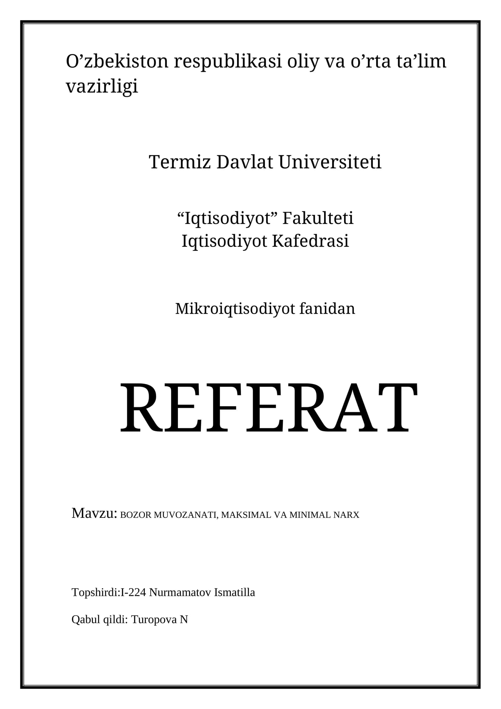 BOZOR MUVOZANATI, MAKSIMAL VA MINIMAL NARX