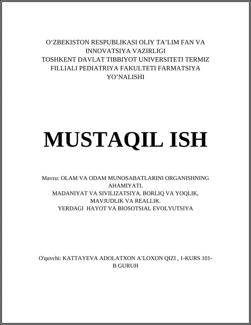 OLAM VA ODAM MUNOSABATLARINI ORGANISHNING AHAMIYATI
