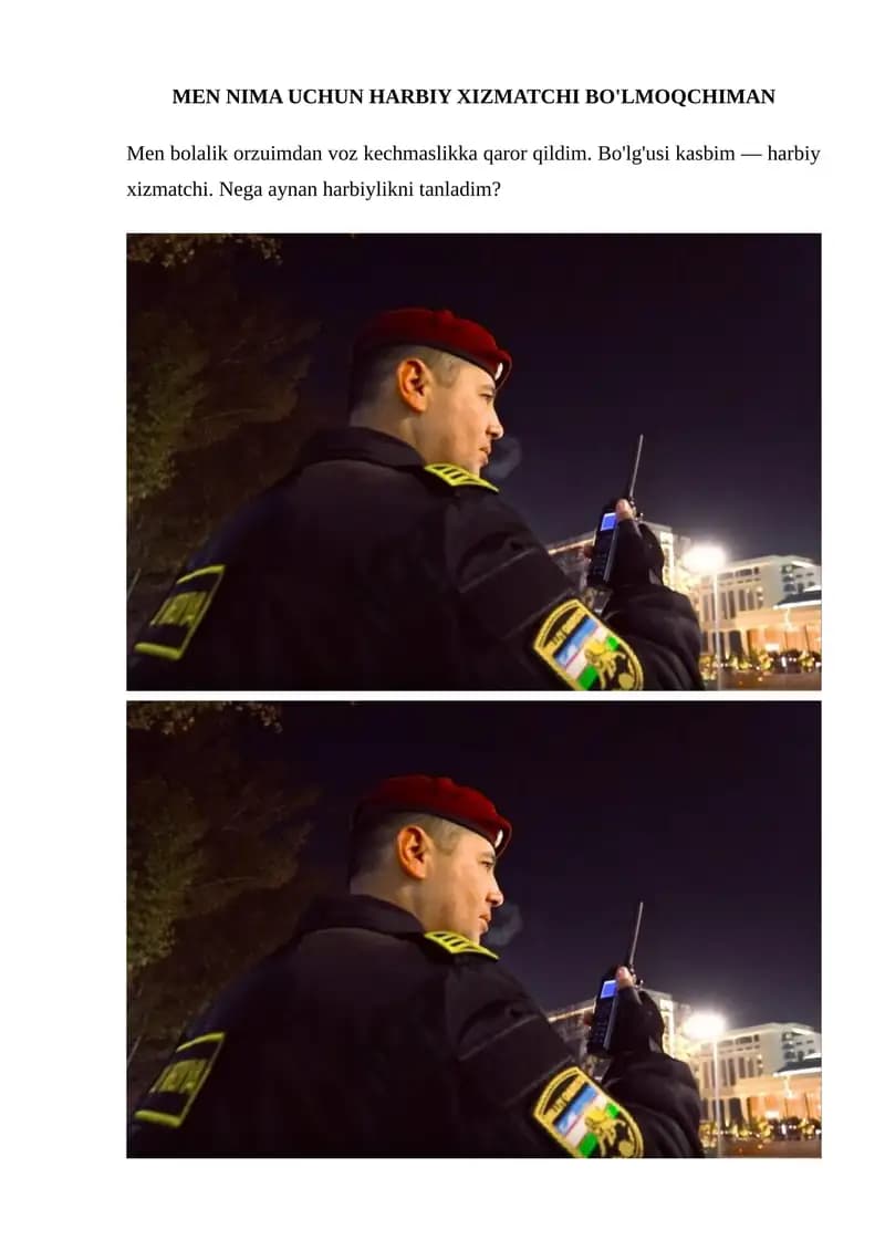 MEN NIMA UCHUN HARBIY XIZMATCHI BO'LMOQCHIMAN
