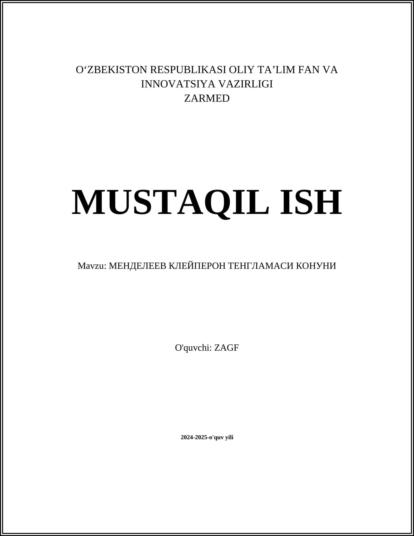 МЕНДЕЛЕЕВ КЛЕЙПЕРОН ТЕНГЛАМАСИ КОНУНИ