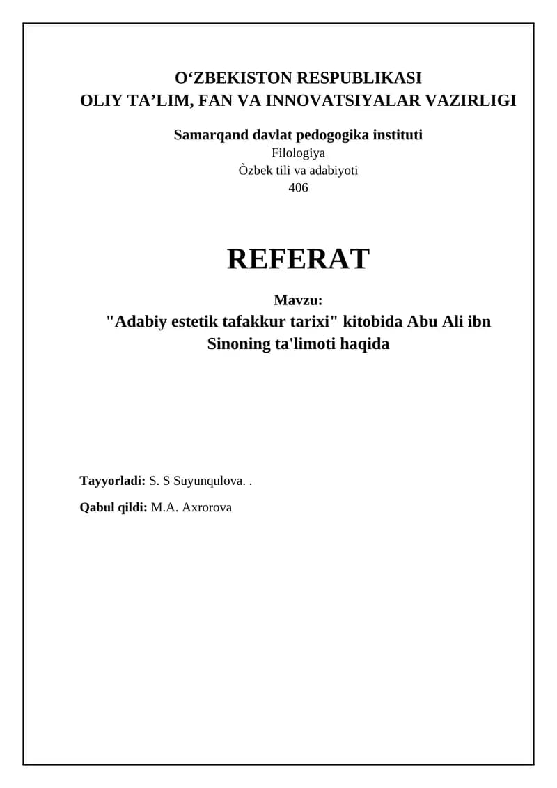 "Adabiy estetik fikr tarixi" kitobida Abu Ali ibn Sinoning ta'limoti haqida