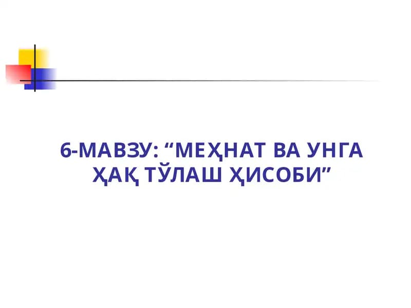 Мавзу: “Меҳнат ва унга Ҳақ Тўлаш Ҳисоби”