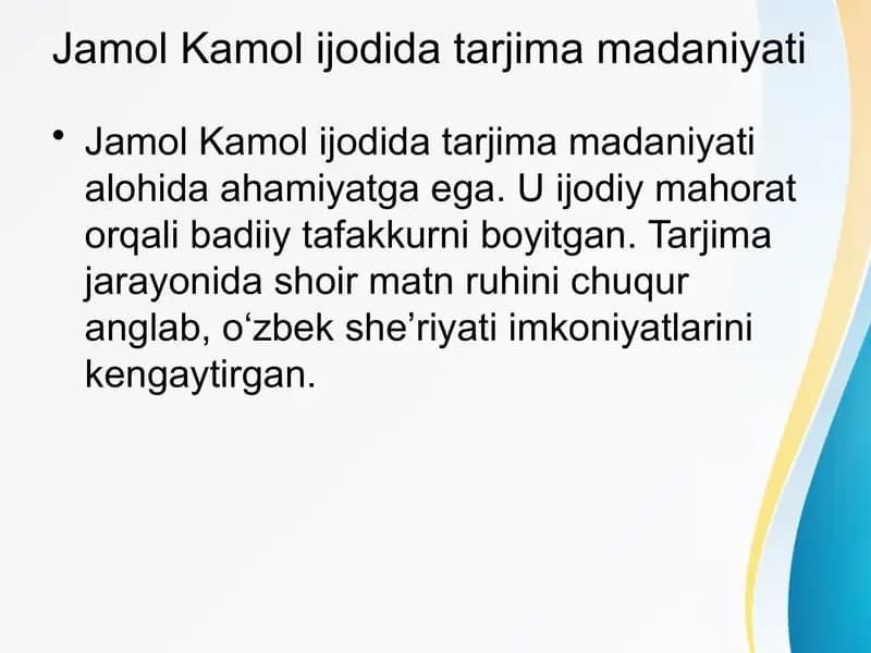 Jamol Kamol ijodida tarjima madaniyati