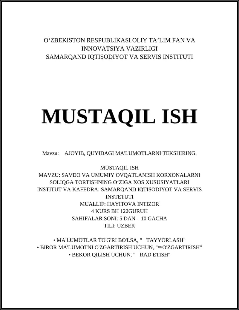 SAVDO VA UMUMIY OVQATLANISH KORXONALARNI SOLIQGA TORTISHNING OʻZIGA XOS XUSUSIYATLARI