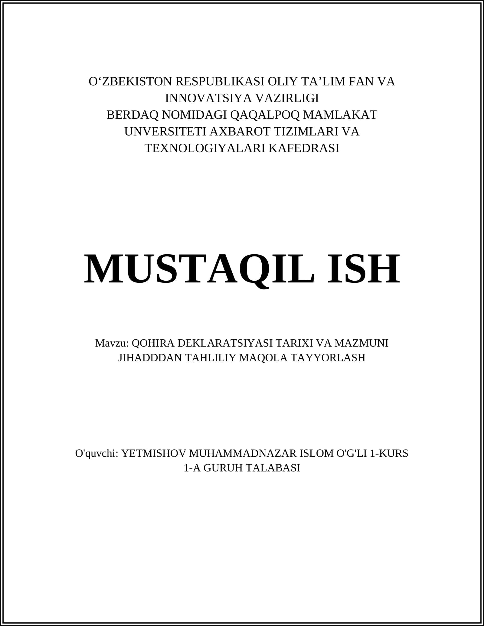 QOHIRA DEKLARATSIYASI TARIXI VA MAZMUNI JIHADDDAN TAHLILIY MAQOLA TAYYORLASH