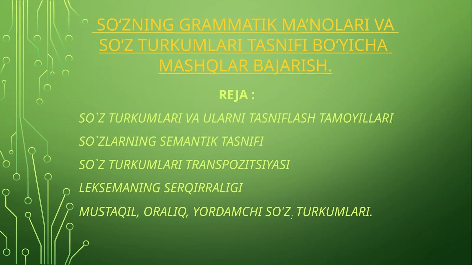 So‘zning grammatik ma’nolari va so‘z turkumlari tasnifi bo‘yicha mashqlar bajarish