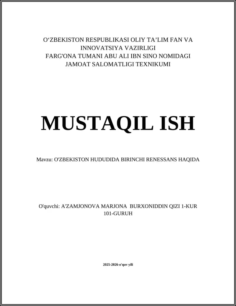 O'ZBEKISTON HUDUDIDA BIRINCHI RENESSANS HAQIDA