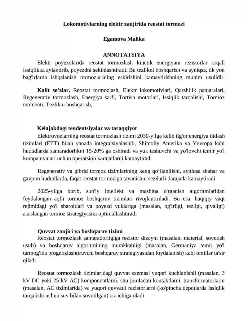 Elektr lokomotivlarning reostat tormozlash tizimi