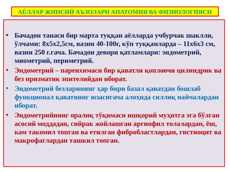 АЁЛЛАР ЖИНСИЙ АЪЗОЛАРИ АНАТОМИЯ ВА ФИЗИОЛОГИЯСИ