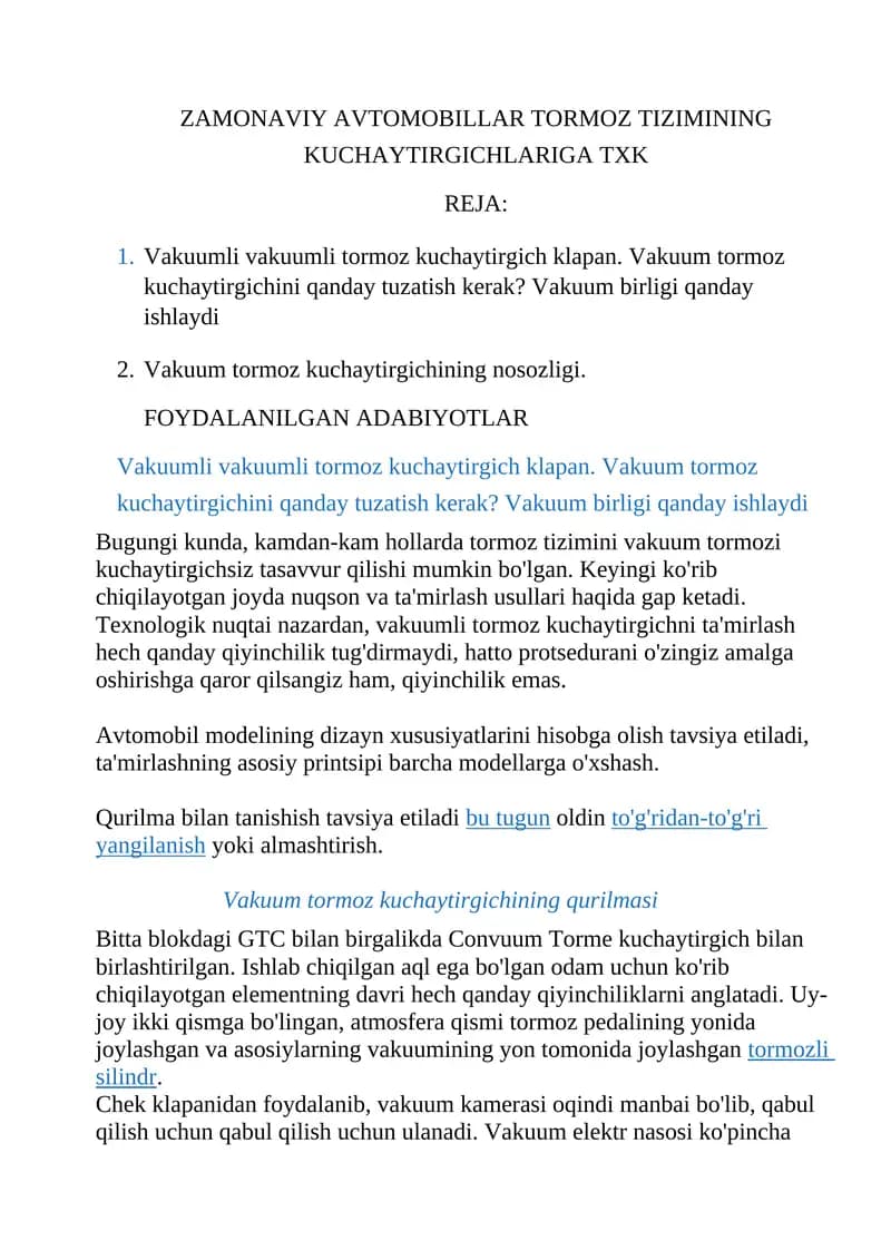Vakuumli vakuumli tormoz kuchaytirgich klapan