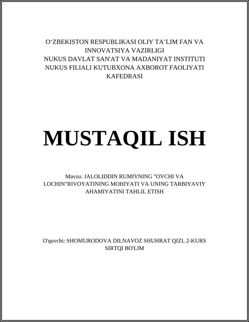 JALOLIDDIN RUMIYNING "OVCHI VA LOCHIN" RIVOYATINING MOHIYATI VA UNING TARBIYAVIY AHAMIYATINI TAHLIL ETISH