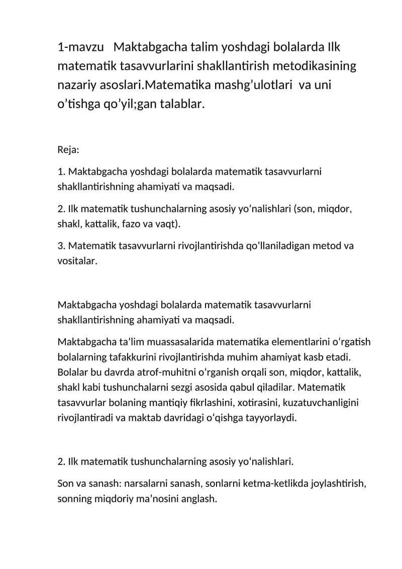 Maktabgacha talim yoshdagi bolalarda Ilk matematik tasavvurlarini shakllantirish metodikasi