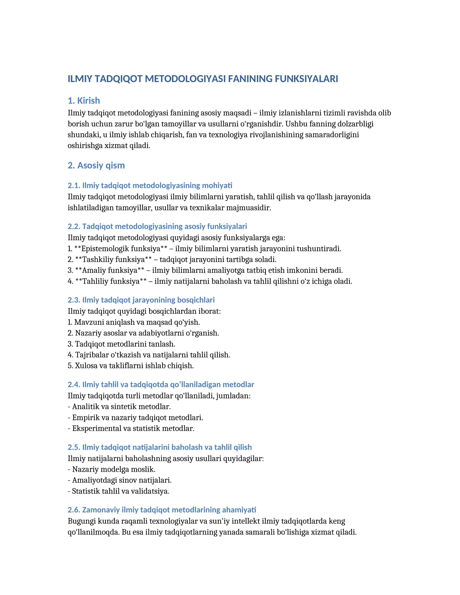 ILMIY TADQIQOT METODOLOGIYASI FANINING FUNKSIYALARI