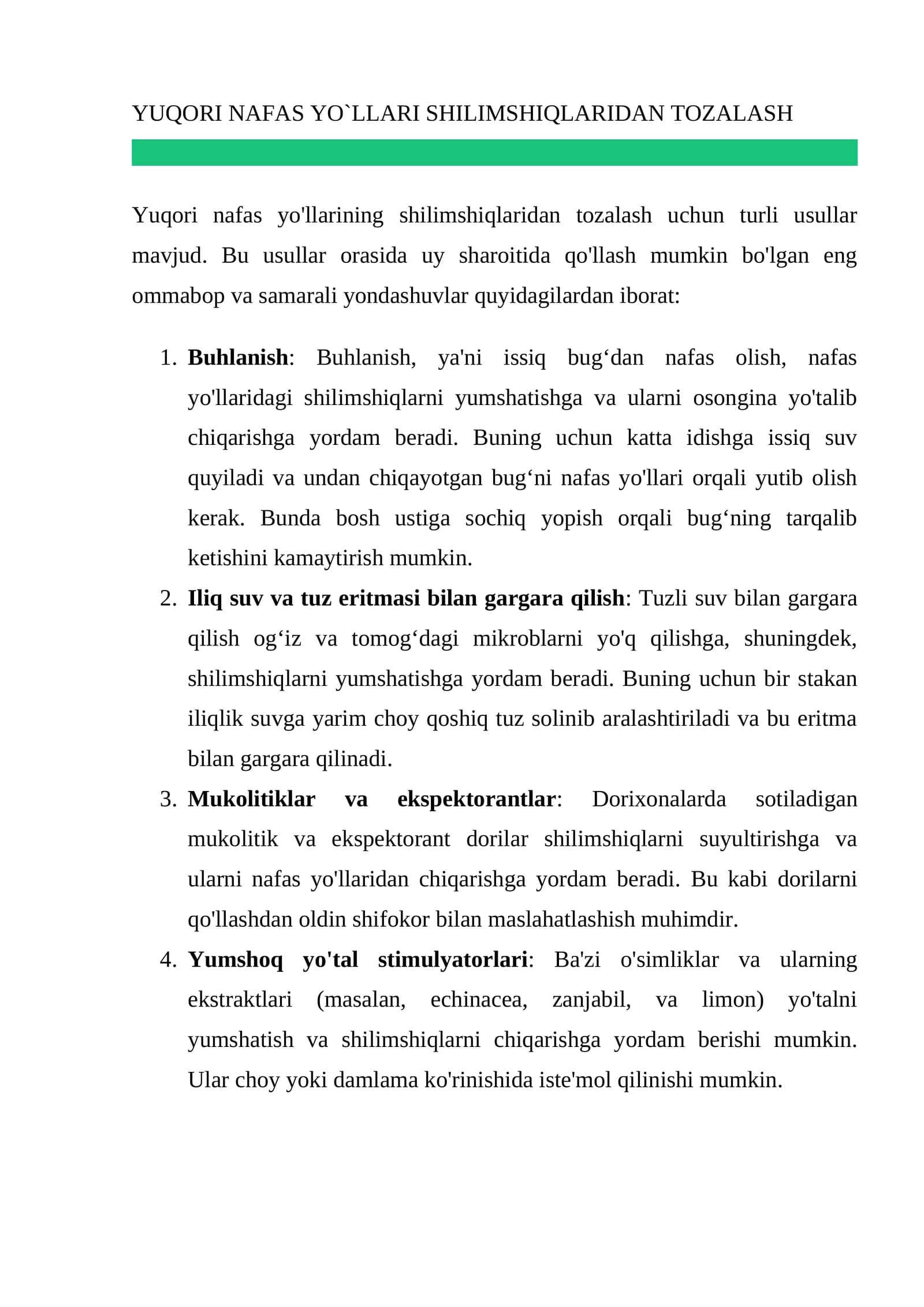 Yuqori Nafas Yo`llari Shilimshiqlaridan Tozalash