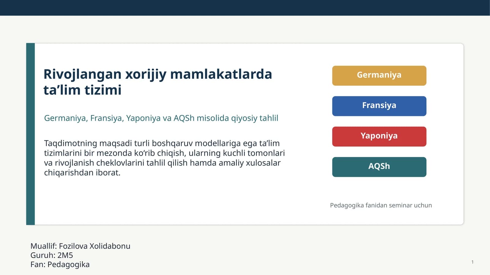 Rivojlangan xorijiy mamlakatlarda ta’lim tizimi