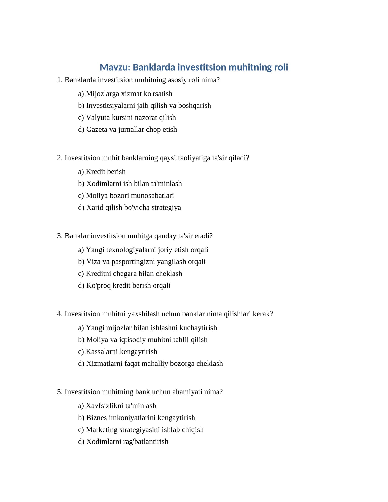 Banklarda investitsion muhitning roli