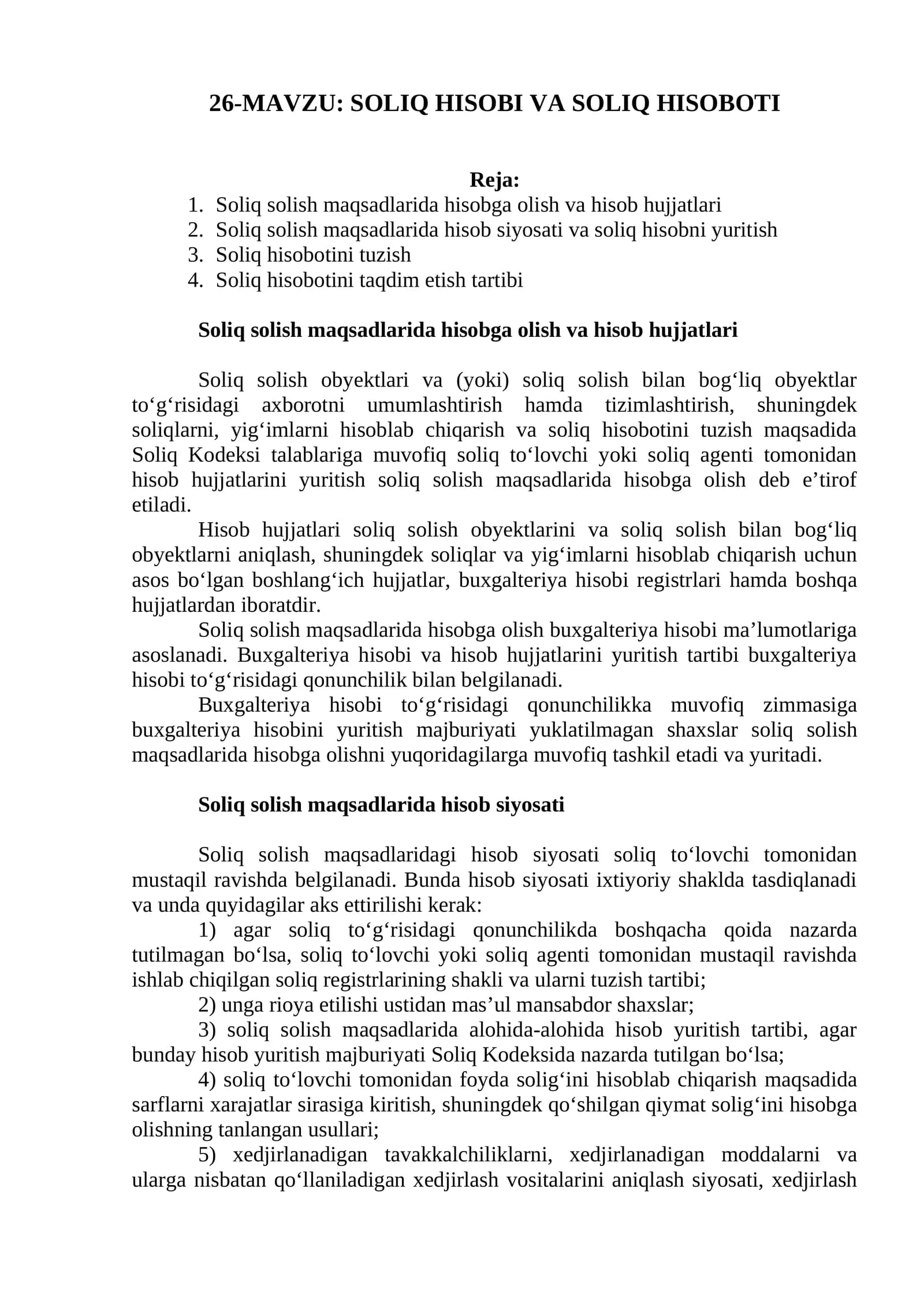 SOLIQ HISOBI VA SOLIQ HISOBOTI
