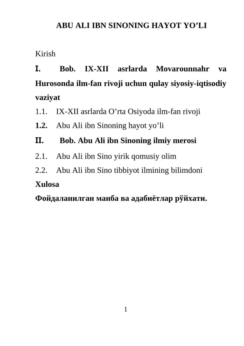 Abu Ali Ibn Sinonining hayot yo’li
