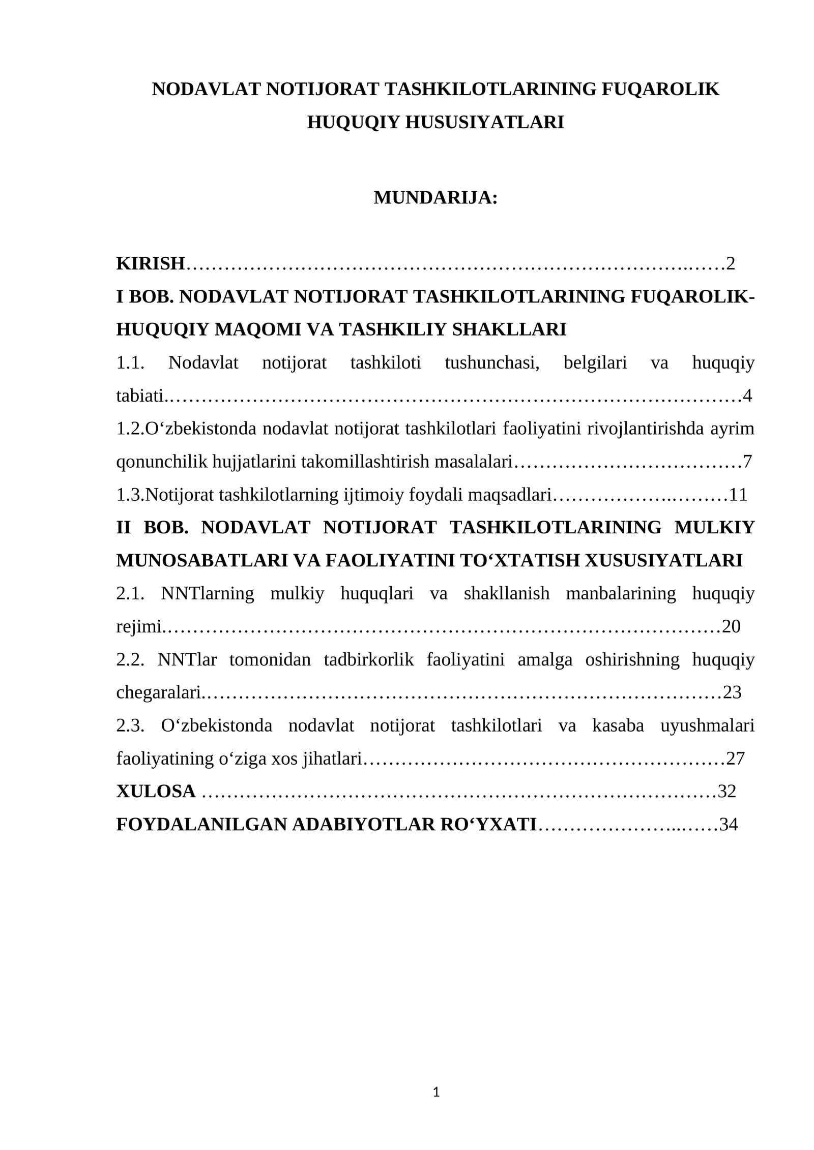 NODAVLAT NOTIJORAT TASHKILOTLARINING FUQAROLIK HUQUQIY HUSUSIYATLARI
