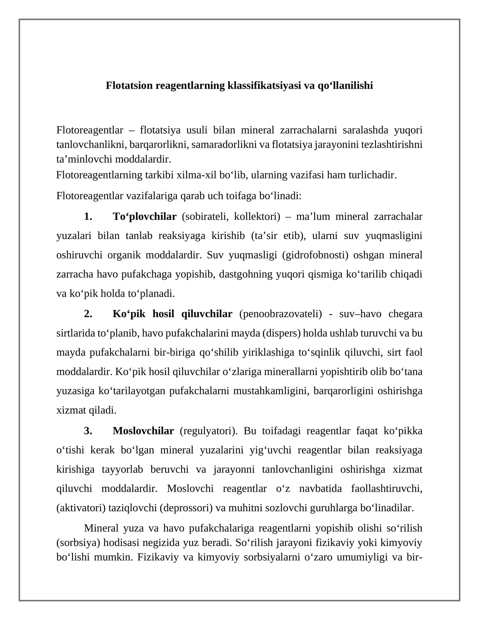 Flоtаtsiоn rеаgеntlаrning klаssifikаtsiyasi vа qo‘llаnilishi