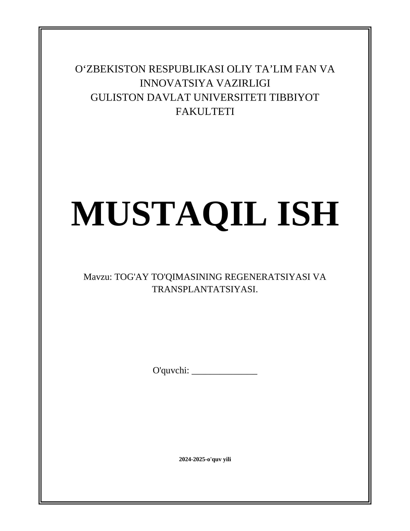 TOG'AY TO'QIMASINING REGENERATSIYASI VA TRANSPLANTATSIYASI.