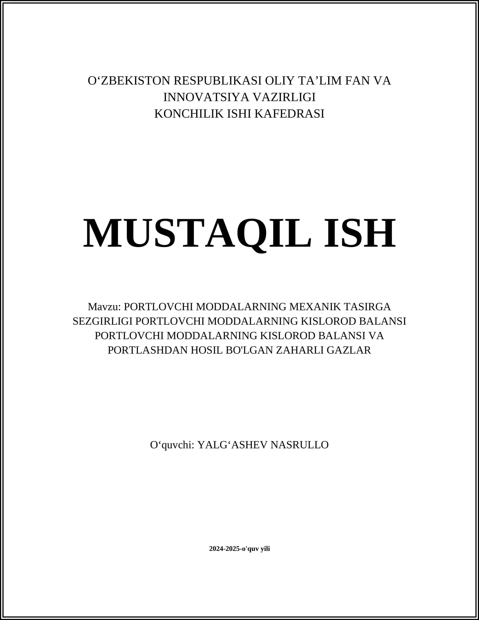 PORTLOVCHI MODDALARNING MEXANIK TASIRGA SEZGIRLIGI PORTLOVCHI MODDALARNING KISLOROD BALANSI PORTLOVCHI MODDALARNING KISLOROD BALANSI VA PORTLASHDAN HOSIL BO'LGAN ZAHARLI GAZLAR